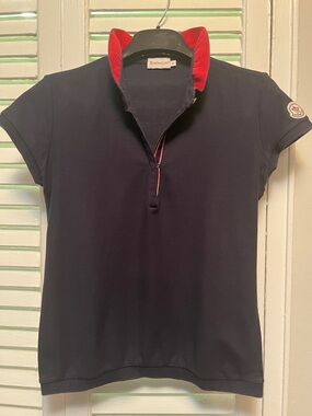 Moncler Women Navy Polo t shirt with Red Collar Accent size Small